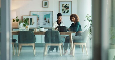 Poster - Laptop, planning and women in meeting for advice, development or growth in collaboration. Teamwork, partnership and business people in office with ideas, discussion or online report at digital agency