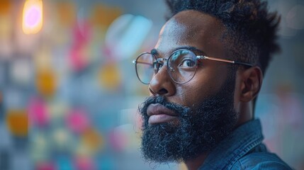 Wall Mural - A thoughtful man with glasses and a beard, gazing off-camera in a colorful environment.