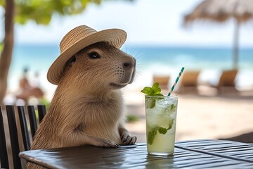 Capybara lounging in a straw hat sipping a cool mojito at a beachside bar