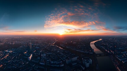 Wall Mural - aerial view of frankfurt, germany at sunset with glowing orange clouds reflecting on the river, show