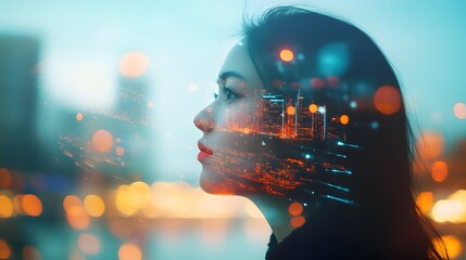 Wall Mural - Silhouette of woman with futuristic double exposure of glowing digital cityscape and technology data overlay