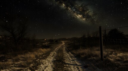 Wall Mural - milky way galaxy above a snow-covered dirt road with silhouetted trees and fence in quiet rural land