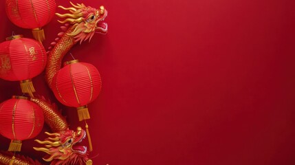 A joyful Chinese New Year with red lanterns and golden dragon dances against a vibrant red background, top-down shot, Minimalist style