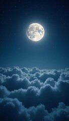 Poster - A luminous moon hangs in a dark sky, surrounded by soft clouds that create a dreamy ambiance. The scene invites quiet moments of reflection and wonder under the stars. Generative AI