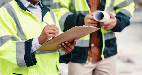 Aufkleber - People, hands and civil engineers with clipboard or blueprint for architecture planning or building project at site. Closeup, contractors or employees with construction checklist for safety measures