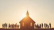 © irawan - Sunset silhouettes of families near a church building