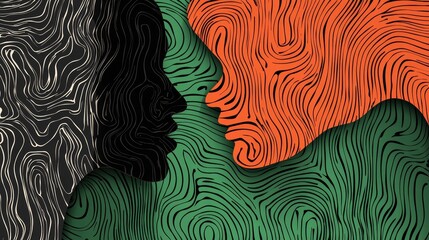 Poster - Faces in Harmony Black, Orange, and Green Abstract Art
