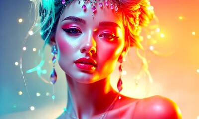 Wall Mural - A dreamy portrait of a woman with colorful hair and jewels.