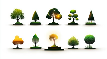 Poster - A variety of tree silhouette logos with a modern podium, subtle gradients in the background for balance