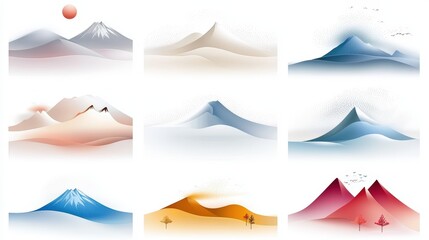 Poster - artistic collection of mountain silhouette illustrations, varied colors and layers add depth