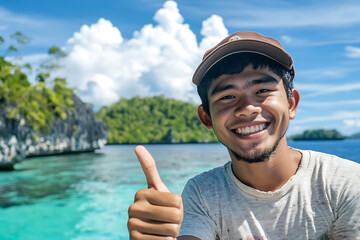 Smiling young man gesturing thumbs up in front of scenic raja ampat islands