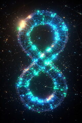 Fototapete - Visualization of the number eight illuminated with digital lights against a cosmic background