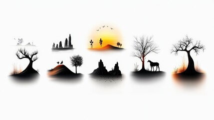 Poster - a variety of bold black desert silhouettes on clean white backgrounds, ideal for modern compositions