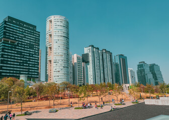 Wall Mural - Corporate buildings landscape on blue background