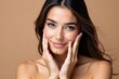 © SimpleDesignStudio - Discover the Beauty of Radiant Skin: A Young Woman Showcases Her Natural Glow Against a Neutral Brown Background, Perfect for Skincare and Beauty Product Advertisements