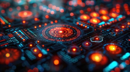 Poster - Abstract digital circuit board with glowing red and blue lights.