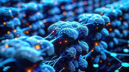 Poster - Abstract representation of interconnected molecular structures with glowing elements.