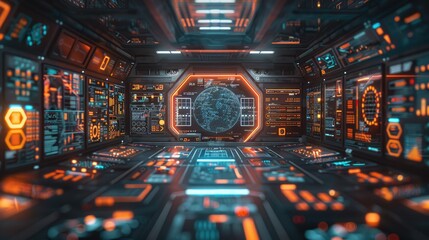 Poster - Futuristic control room with glowing interfaces and a central globe display.