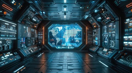 Poster - Futuristic control room with screens displaying maps and data.