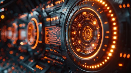 Poster - Futuristic interface with glowing circuits and patterns in orange and black tones.