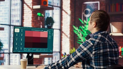 Fototapete - Man requesting help from text to image GPT software in modern home office, turning prompts into photos. Person in brick wall home office using PC get help for tasks from text to image AI, camera B