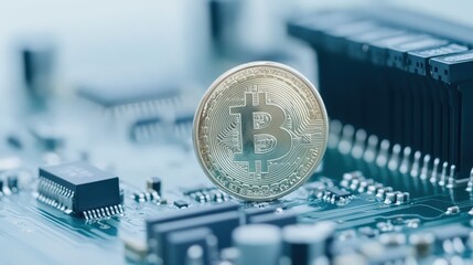 Poster - Close-Up View of a Gold Bitcoin on a Circuit Board Representing Cryptocurrency Technology and Digital Finance Innovations in Modern Economy