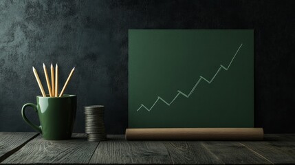 Poster - Green Chart on Dark Wall with Pencils in Mug and Stack of Coins Depicting Financial Growth and Success in a Minimalist Workspace Setting