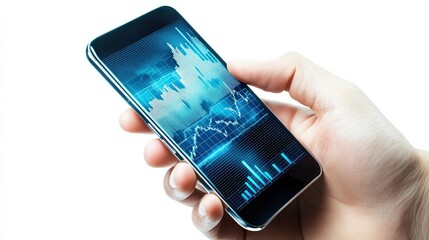 Poster - Modern Hand Holding Smartphone Displaying Financial Chart with Graphs and Data Visualizations for Business Analysis, Investment Monitoring, and Technology Trends