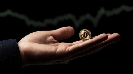 Poster - Hand Holding Bitcoin Coin with Dark Background and Trend Line Showing Cryptocurrency Market Fluctuation, Symbolizing Digital Finance and Blockchain Technology