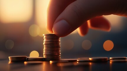 Aufkleber - Hand Carefully Stacking Coins on a Table with a Beautiful Blurred Background at Sunset, Symbolizing Wealth, Finance, and Prosperity in a Business Setting
