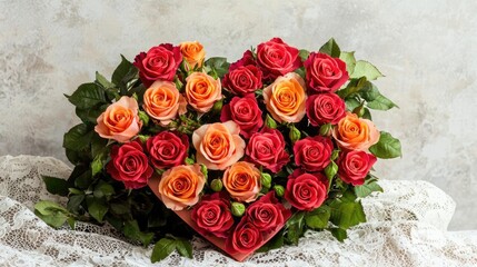 Poster - Valentine rose idea. A beautiful heart-shaped arrangement of vibrant red and orange roses.