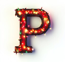 Wall Mural - Alphabet letter P with Christmas lights on white background. 3D