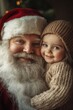 © R - Joyful noel, Ñute baby girl subtle smile with santa claus. Christmas commercial concept art graphic for lane poster and social platforms use. Santa claus happy christmas. Santa claus kid ad lap.