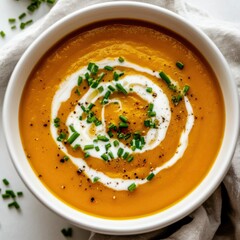 Sticker - A bowl of creamy butternut squash soup garnished with a swirl of cream and a sprinkle of fresh chives, Centered in a plain white bowl, Overhead view with soft natural light