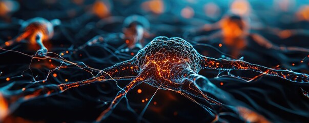 Poster - Cancer cells concept. Close-up view of neurons showcasing connections and vibrant colors in a digital illustration.