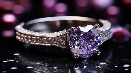 A beautiful purple diamond ring with a white band