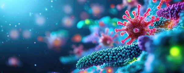 Aufkleber - Cancer cells concept. A colorful microscopic view of bacteria and viruses in a vibrant underwater setting.
