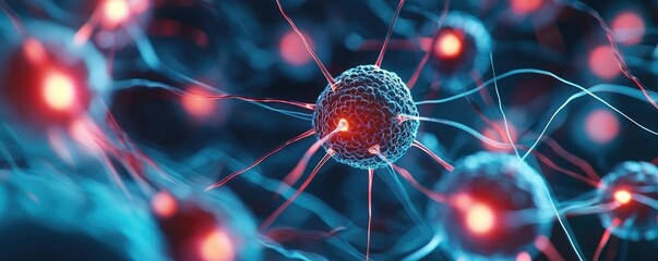 Aufkleber - Cancer cells concept. Close-up view of glowing cells showing interconnected structures and vibrant colors.