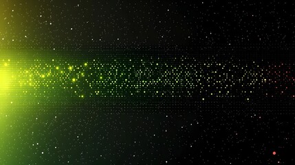 Poster - A vibrant digital design featuring glowing particles in a horizontal wave, transitioning from green to yellow against a dark starry background, evoking a sense of motion and energy.