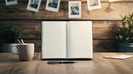 Poster - Cozy workspace with an open notebook and coffee cup