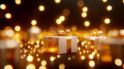 Wall Mural - Elegant golden gift box surrounded by festive lights