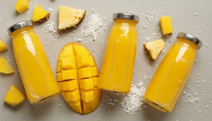 Wall Mural - Refreshing tropical fruit smoothie in glass bottles. Mango and pineapple chunks with shredded coconut.