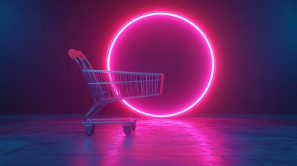 imagine ultra realistic Minimalism shopping concept. Toy shopping trolley, circle neon light. Retro wave 