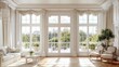 © azi - Luxurious living room with large windows, French doors, and elegant furniture overlooking a scenic garden.