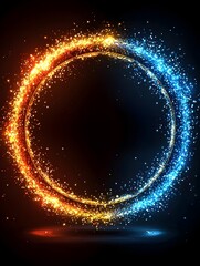 Poster - A vibrant circular shimmer of orange and blue sparks against a dark backdrop, creating an energetic and dynamic visual effect, perfect for themes of innovation and creativity.