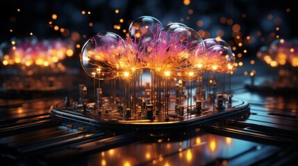 Wall Mural - a computer chip with a glowing cityscape made of glass spheres