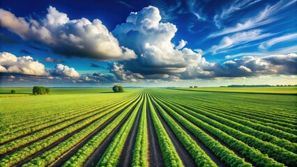 Wall Mural - vibrant green field with rows of crops under a bright blue sky and fluffy clouds, agriculture, farmi