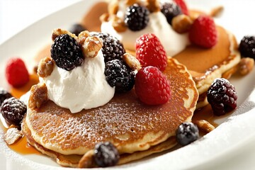 Wall Mural - Fluffy Pancakes with Fresh Berries, Nuts, and Whipped Cream by Generative AI