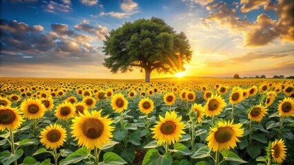 Wall Mural - beautiful sunflower field with a large tree in the background, sunflowers, field, landscape, nature,