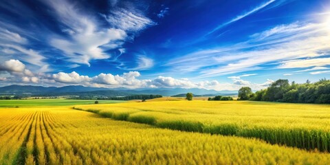 Wall Mural - a scenic view of lush green fields and golden crops under a clear blue sky, agriculture, beauty, far